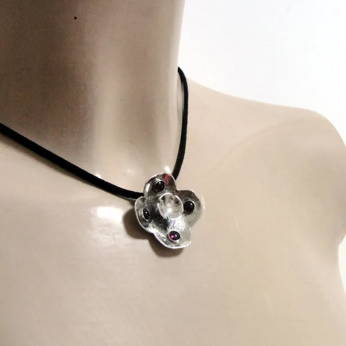 Hadar Designers Black Leather Red Garnet 925 Sterling Silver Pendant Handmade (H