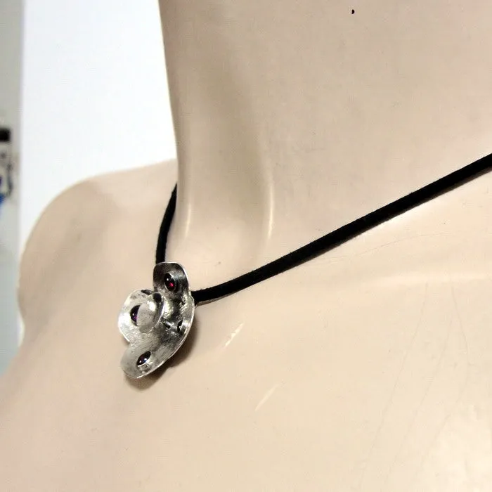 Hadar Designers Black Leather Red Garnet 925 Sterling Silver Pendant Handmade (H