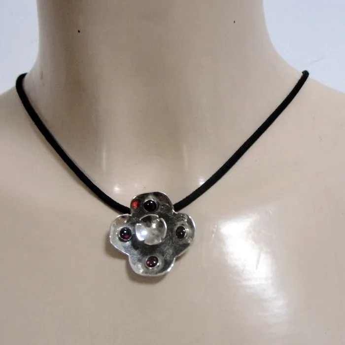 Hadar Designers Black Leather Red Garnet 925 Sterling Silver Pendant Handmade (H