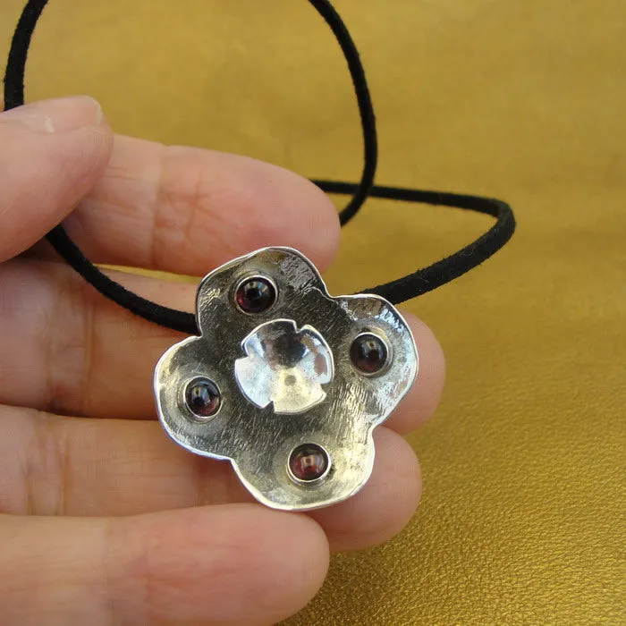 Hadar Designers Black Leather Red Garnet 925 Sterling Silver Pendant Handmade (H