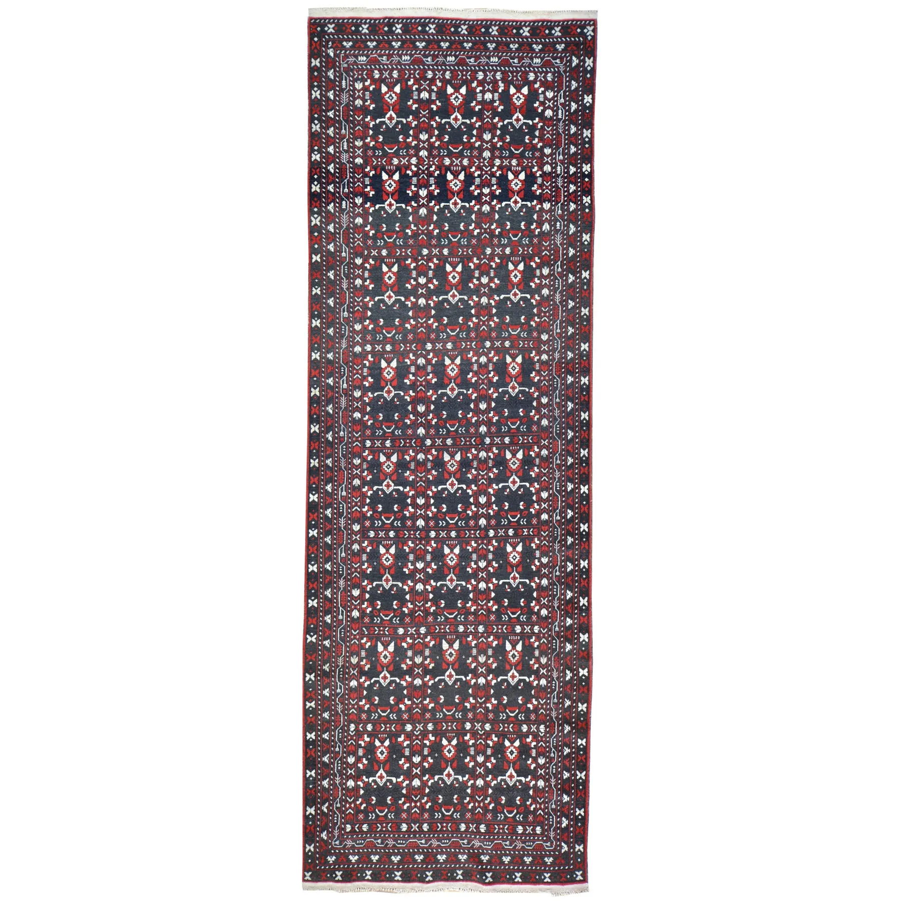 Hand-Knotted Fine Afghan Traditional Tribal Design 100% Wool Rug (Size 3.1 X 9.7) Brral-1584