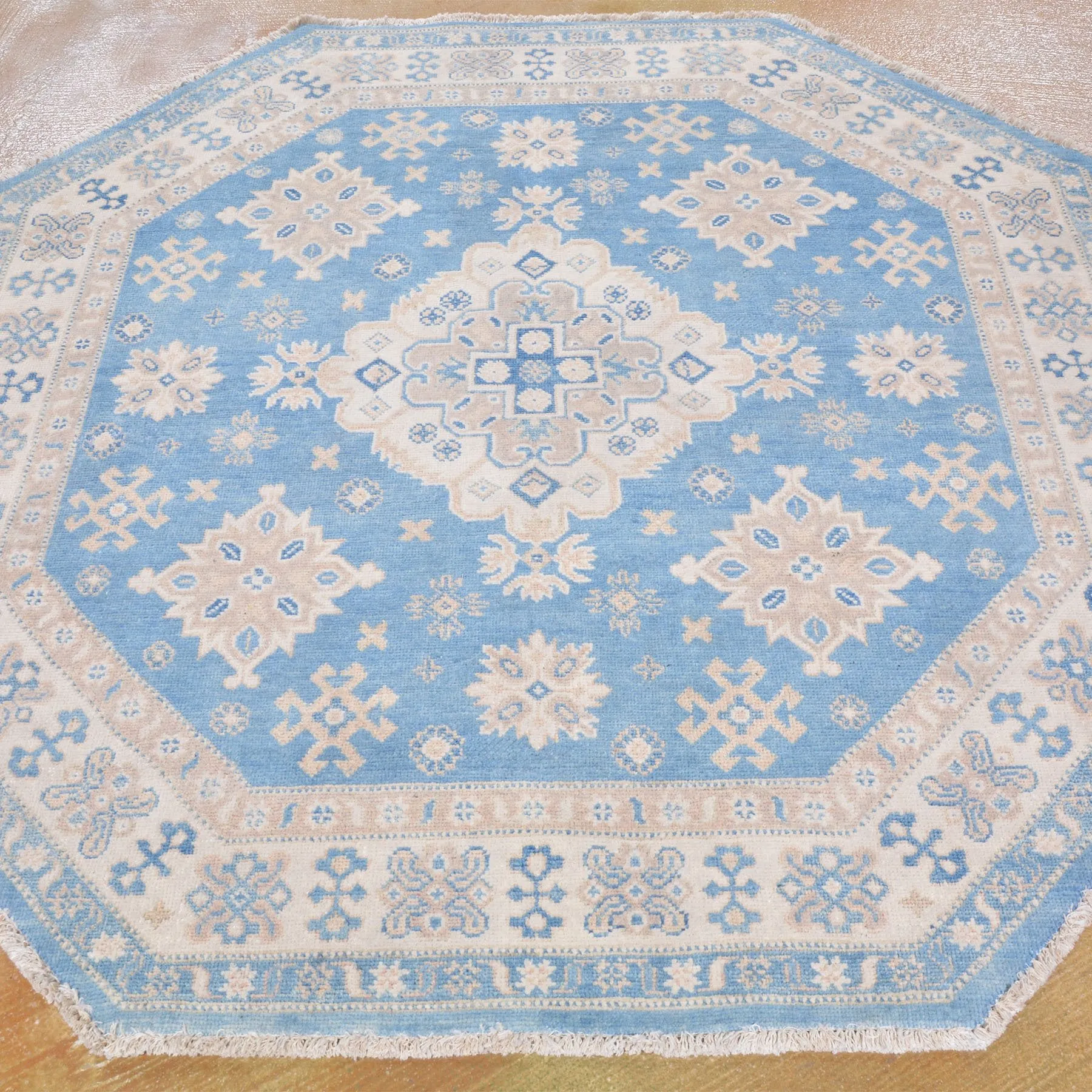Hand-Knotted Octagon Vintage Look Kazak Design Wool Rug (Size 5.3 X 5.0) Brral-5580