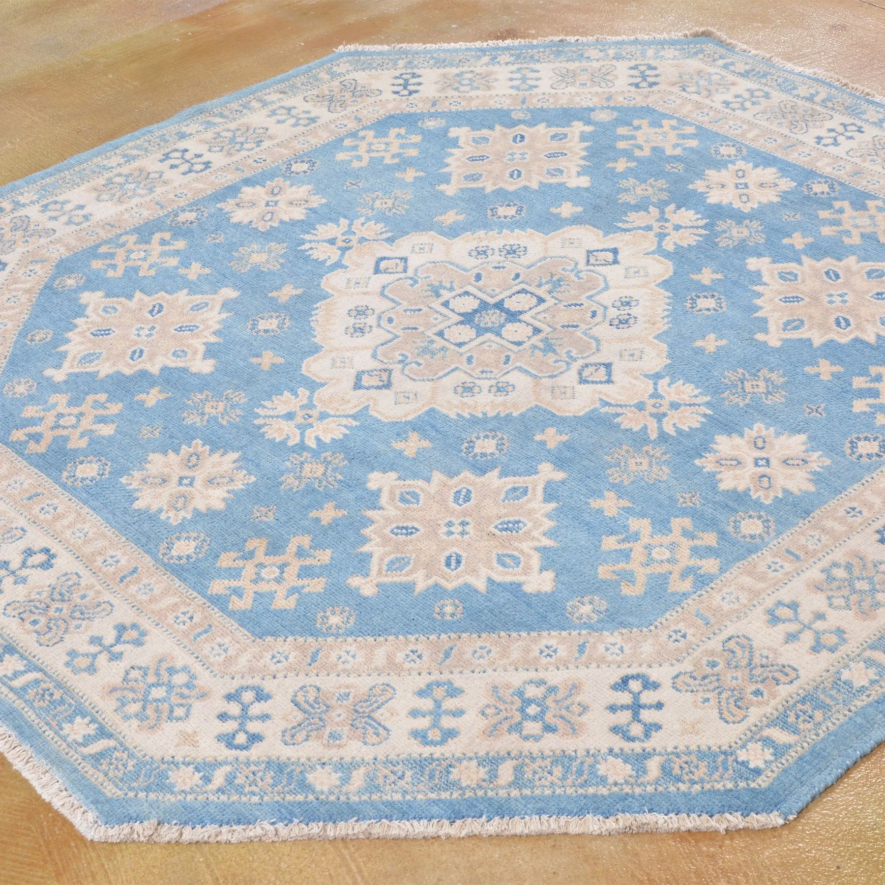 Hand-Knotted Octagon Vintage Look Kazak Design Wool Rug (Size 5.3 X 5.0) Brral-5580
