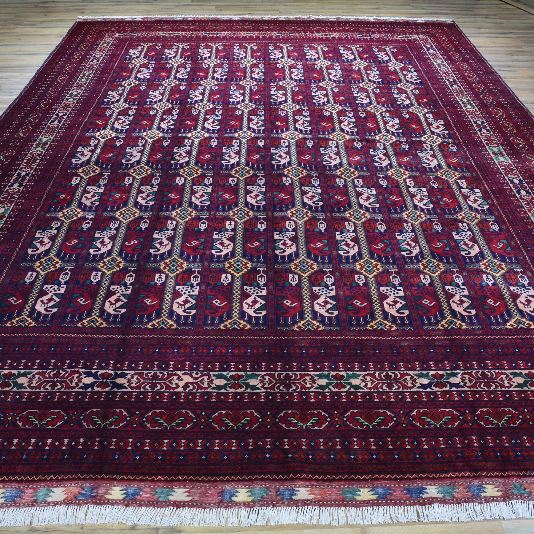 Hand-Knotted Tribal Afghan Turkoman Wool Rug (Size 9.7 X 13.4) Brral-4251