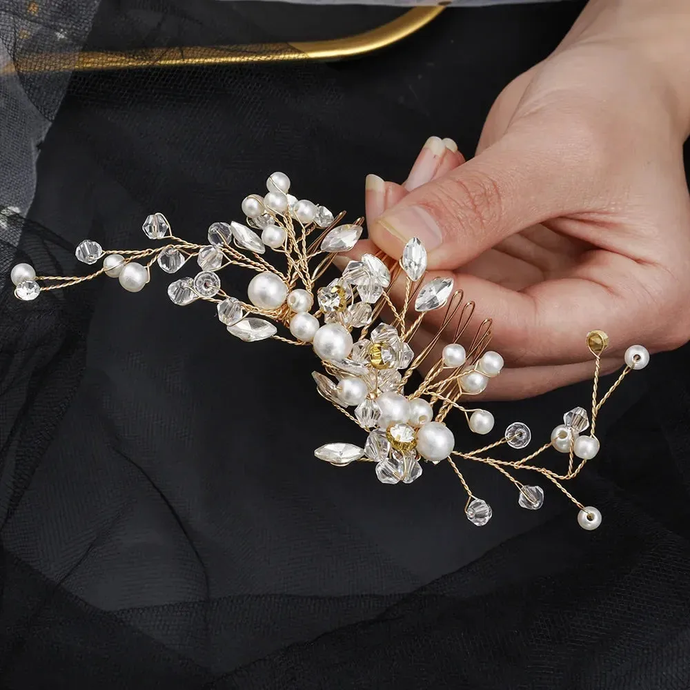 Handmade Pearl Crystal Leaf Tiara Headband Wedding Jewelry Tiara Bridal Hair Ornament Wedding Hair Accessories