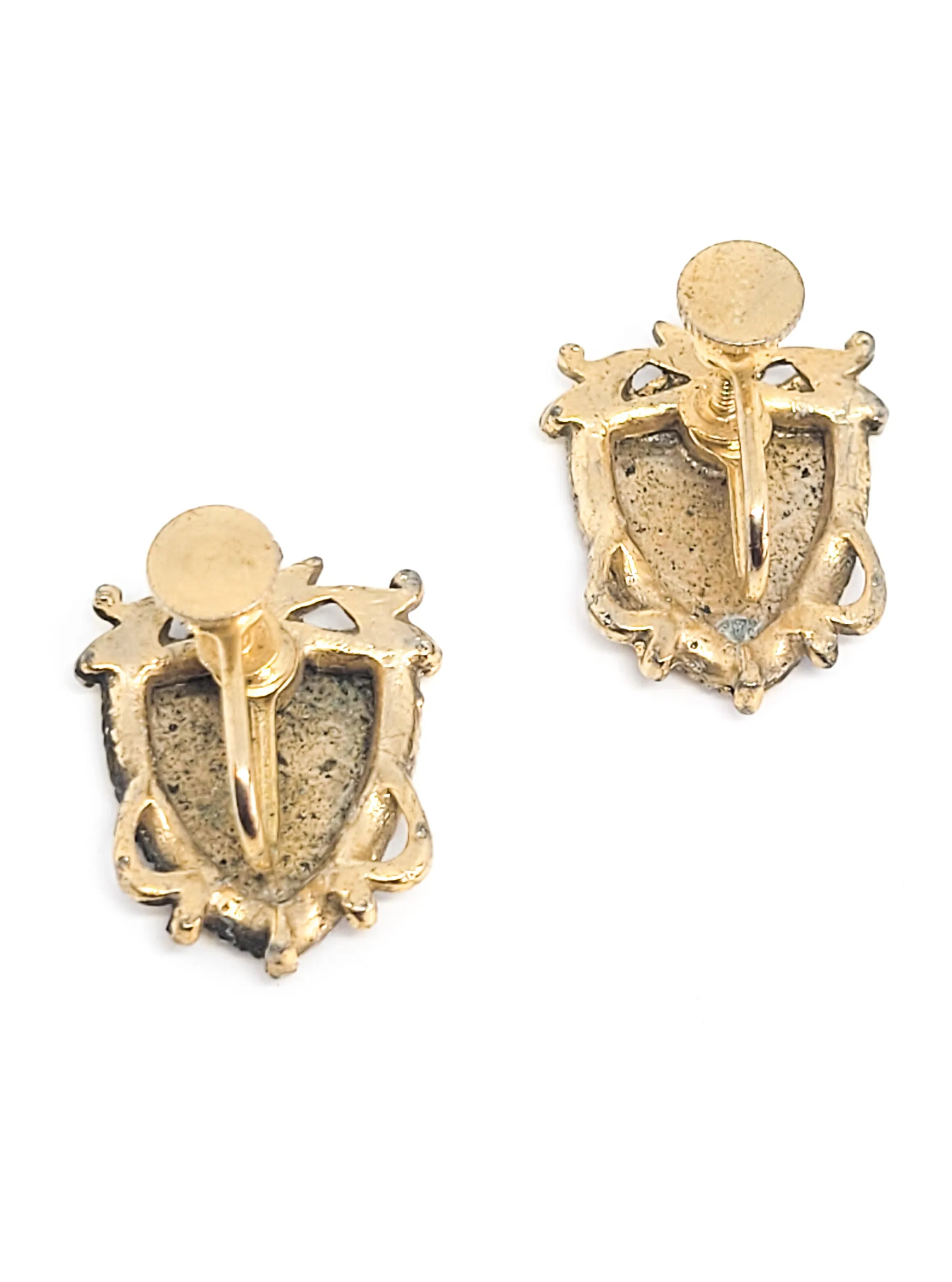 Heraldic shield enamel green red and white enamel key vintage screw back earrings