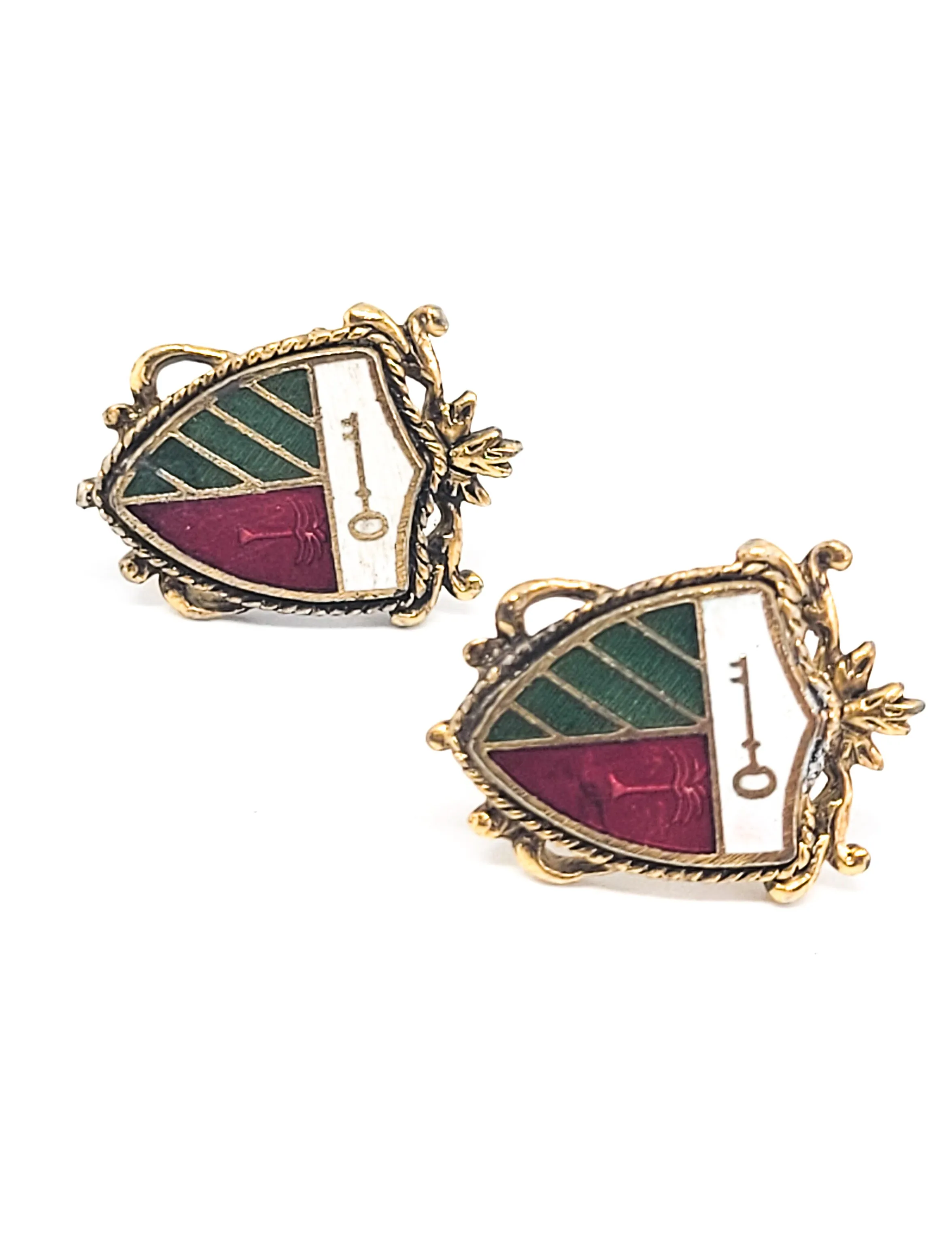 Heraldic shield enamel green red and white enamel key vintage screw back earrings