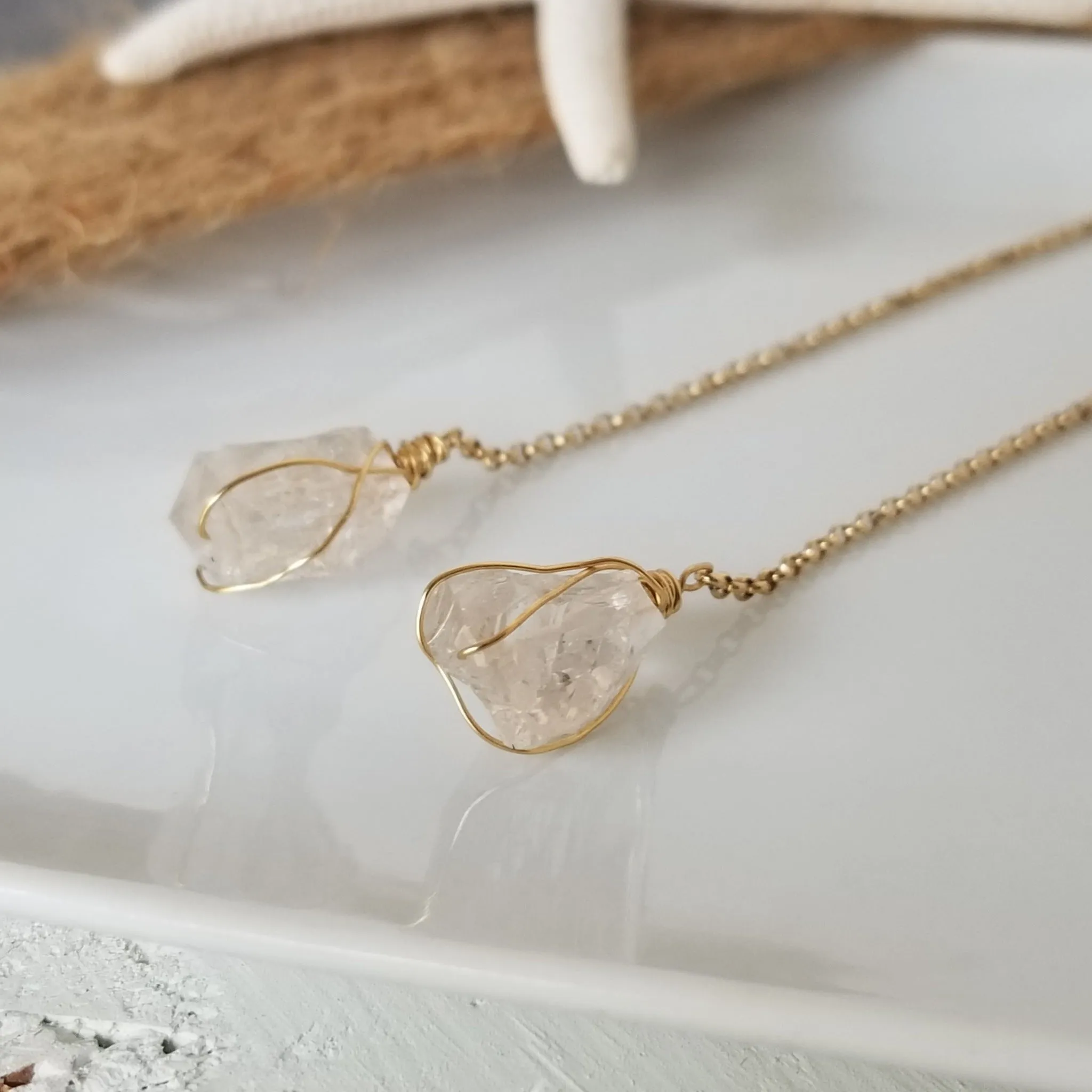Herkimer Diamond Threader or Dangle Earrings - Sterling - Gold - Rose Gold