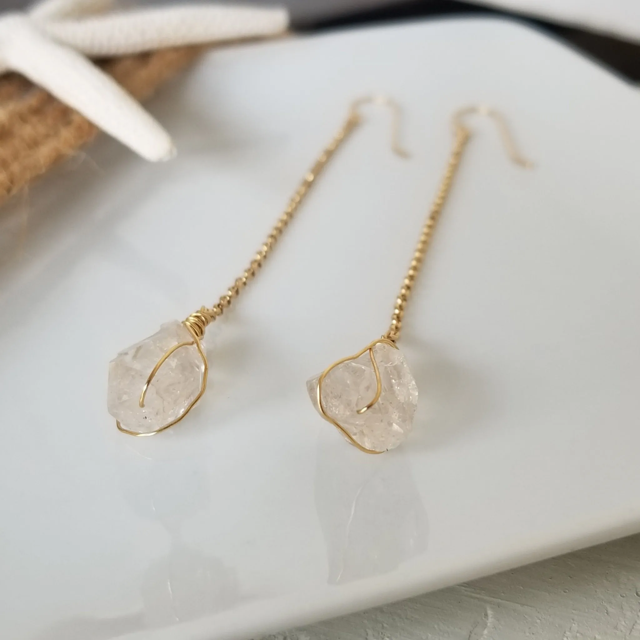 Herkimer Diamond Threader or Dangle Earrings - Sterling - Gold - Rose Gold