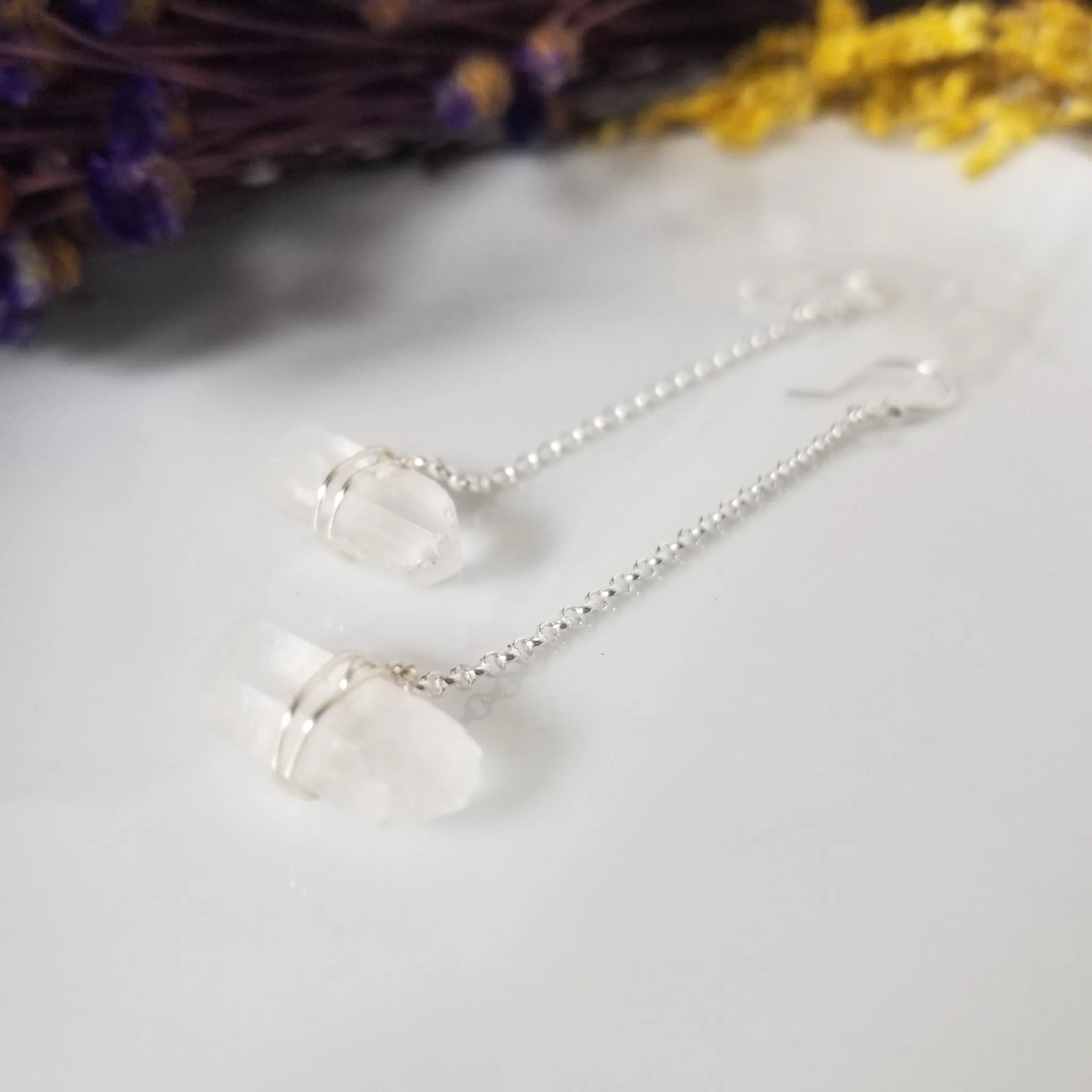 Herkimer Diamond Threader or Dangle Earrings - Sterling - Gold - Rose Gold