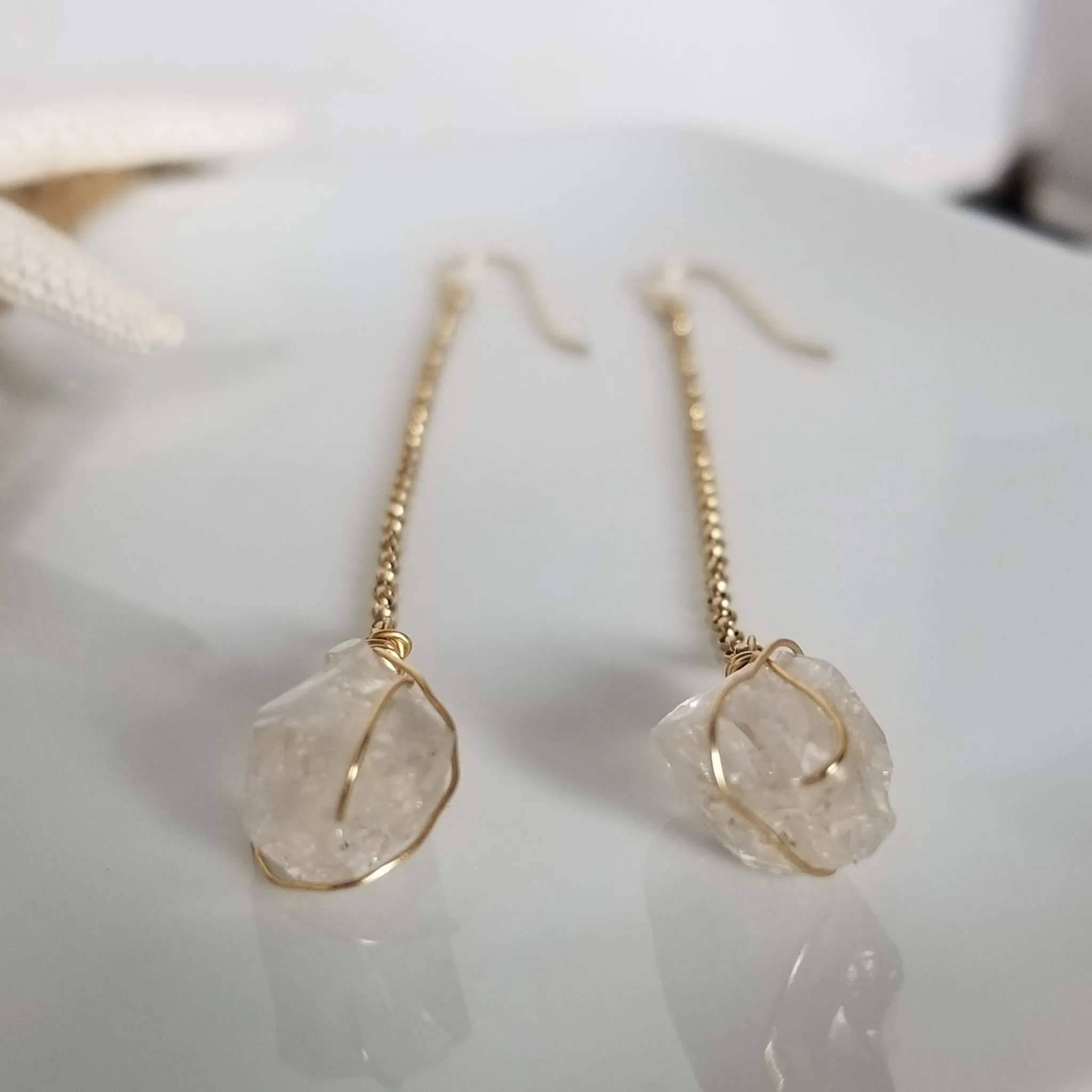 Herkimer Diamond Threader or Dangle Earrings - Sterling - Gold - Rose Gold