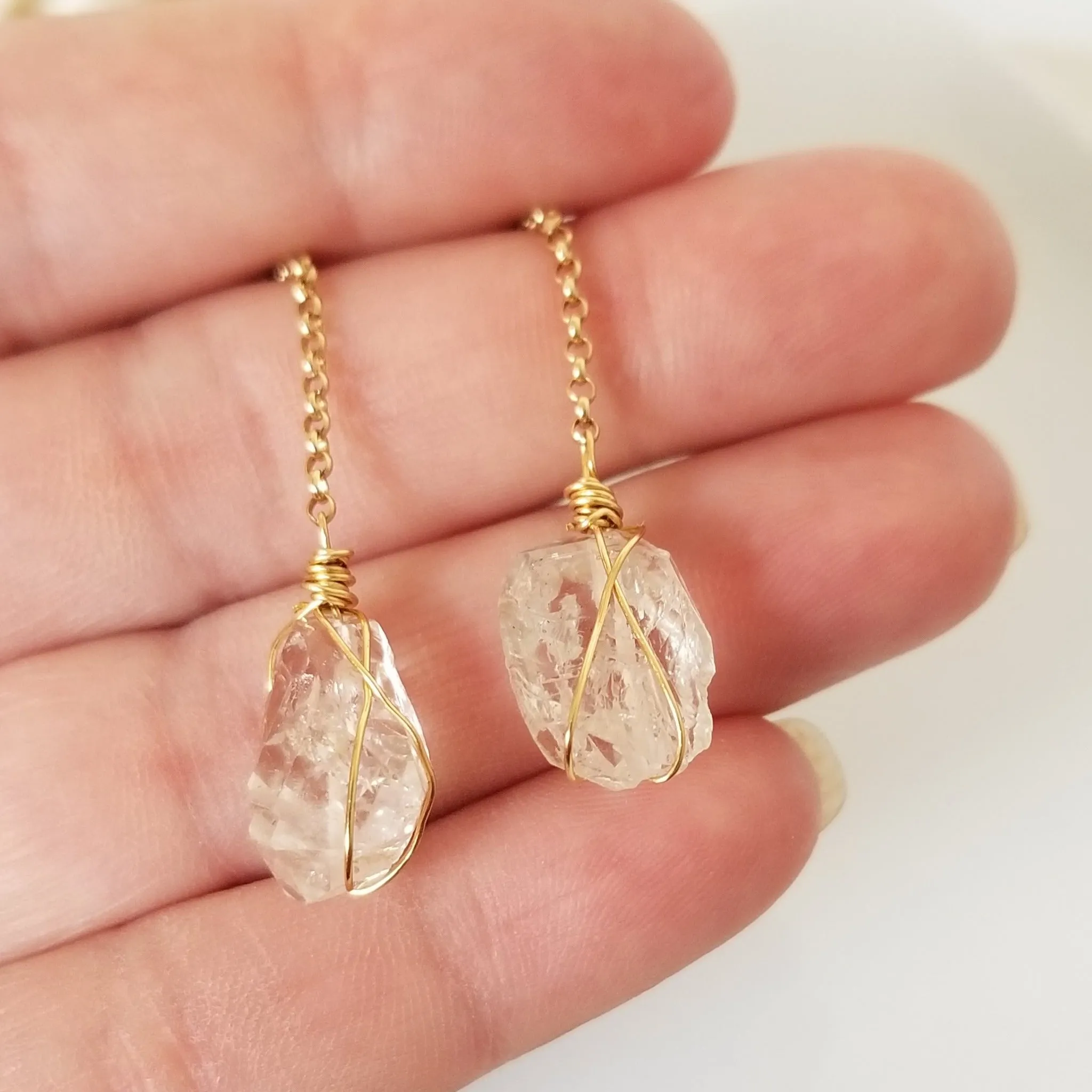 Herkimer Diamond Threader or Dangle Earrings - Sterling - Gold - Rose Gold