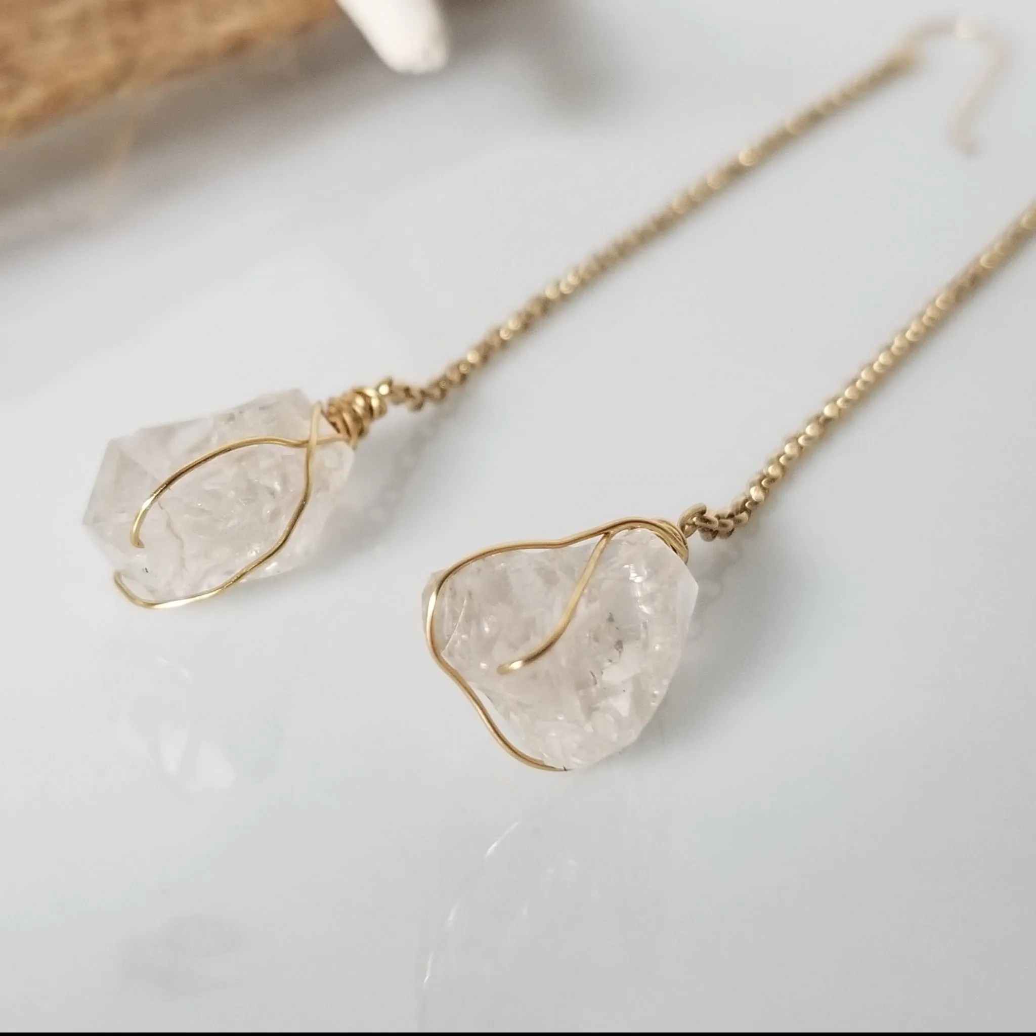Herkimer Diamond Threader or Dangle Earrings - Sterling - Gold - Rose Gold