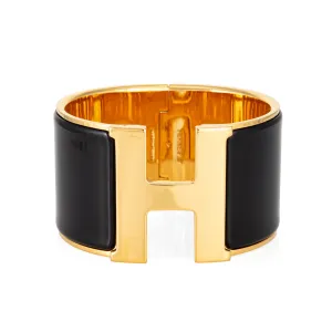Hermes Clic Clac H Bracelet Black Enamel Extra Wide Yellow Gold Plate