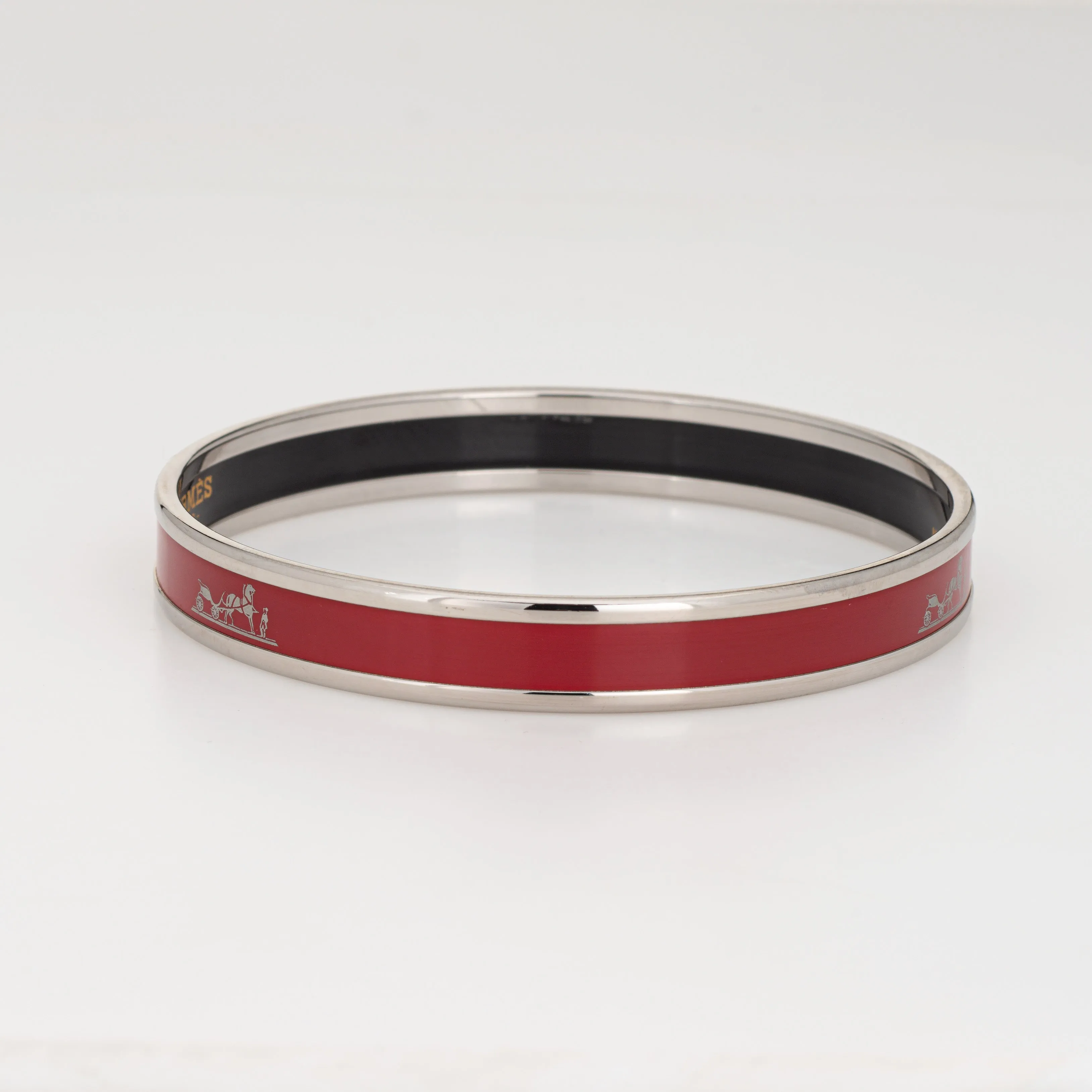 Hermes Red Enamel Bangle Bracelet Horse Carriage Motif Narrow 65 Size Small