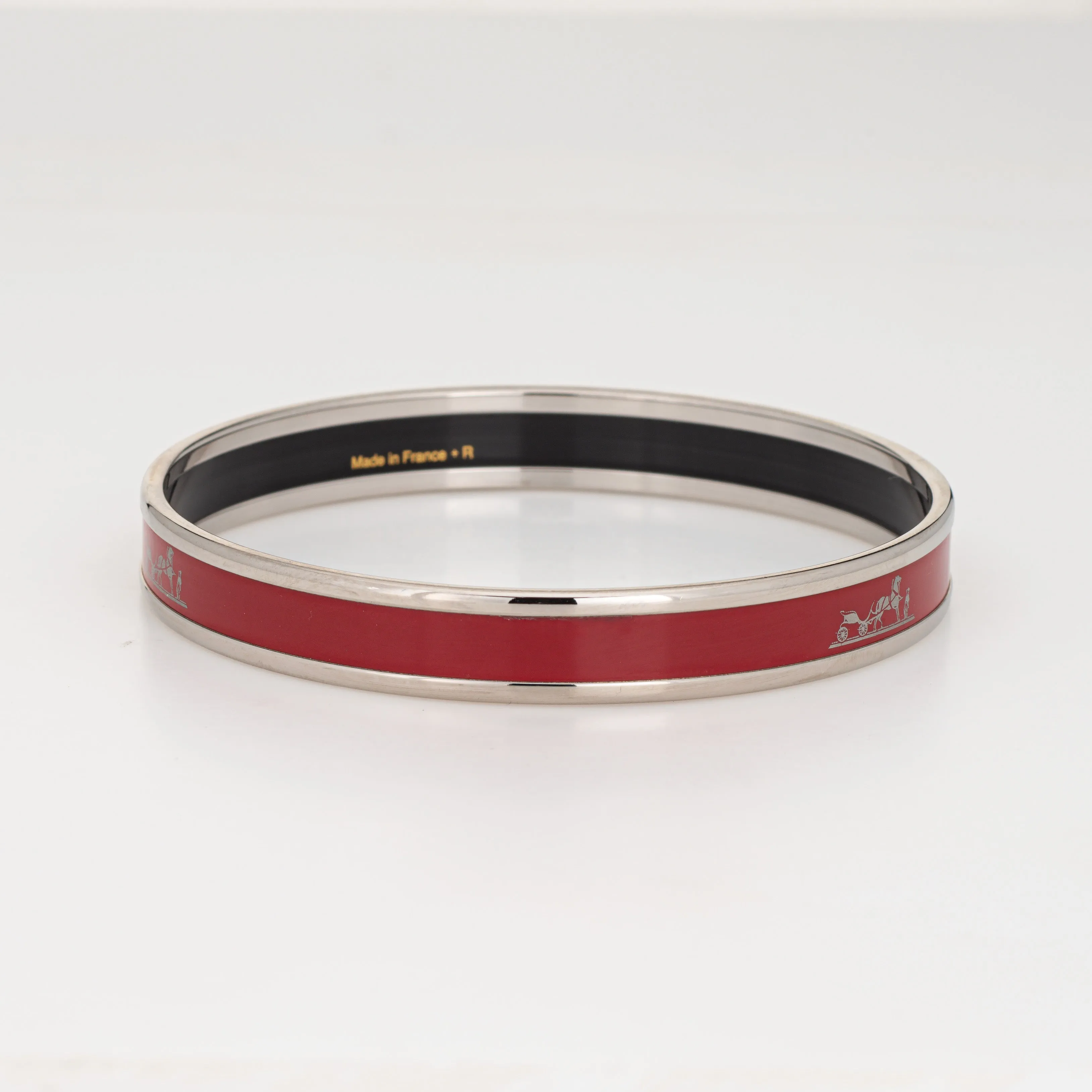 Hermes Red Enamel Bangle Bracelet Horse Carriage Motif Narrow 65 Size Small