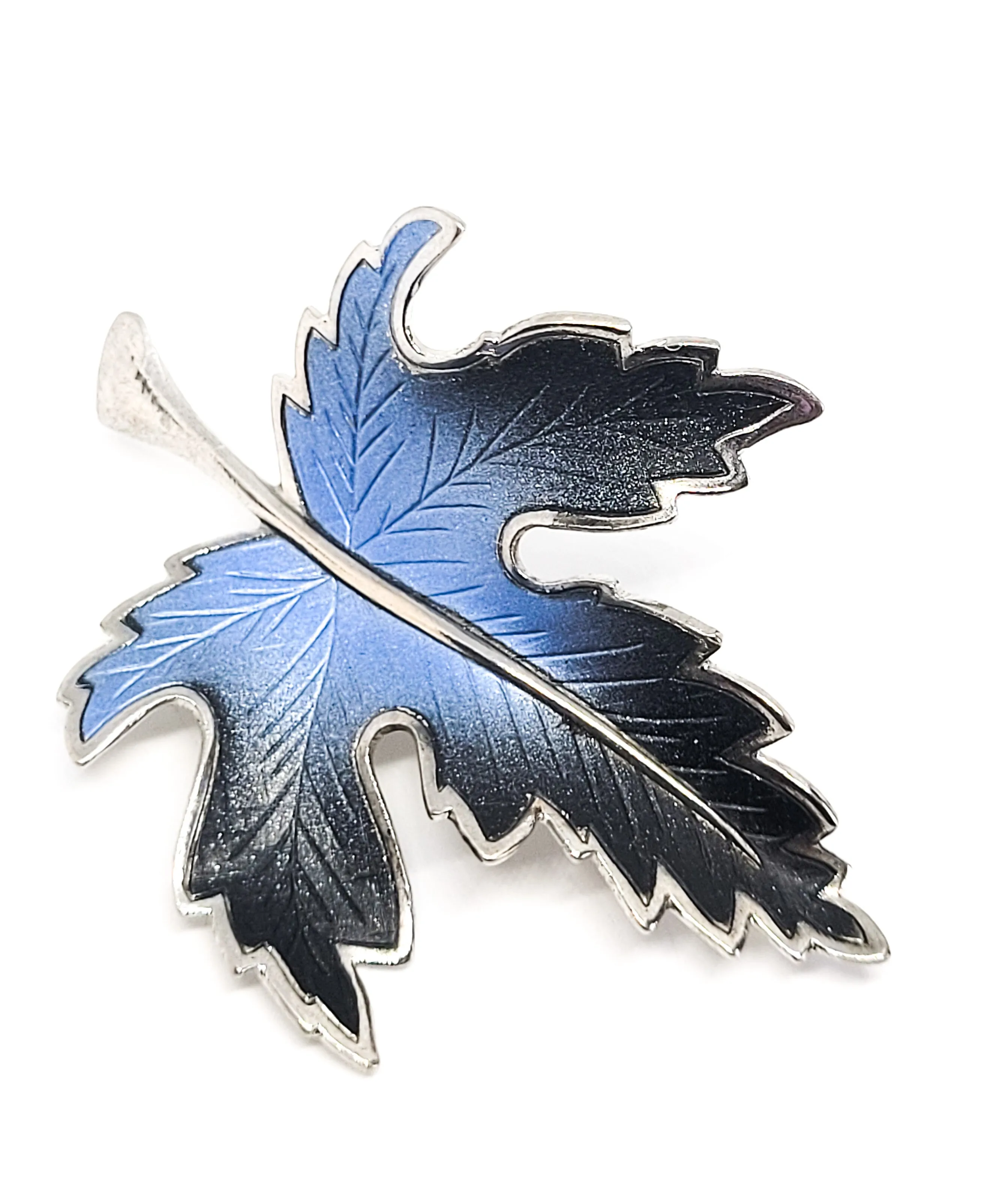 Ice Blue winter Maple leaf silver toned enamel vintage brooch pin