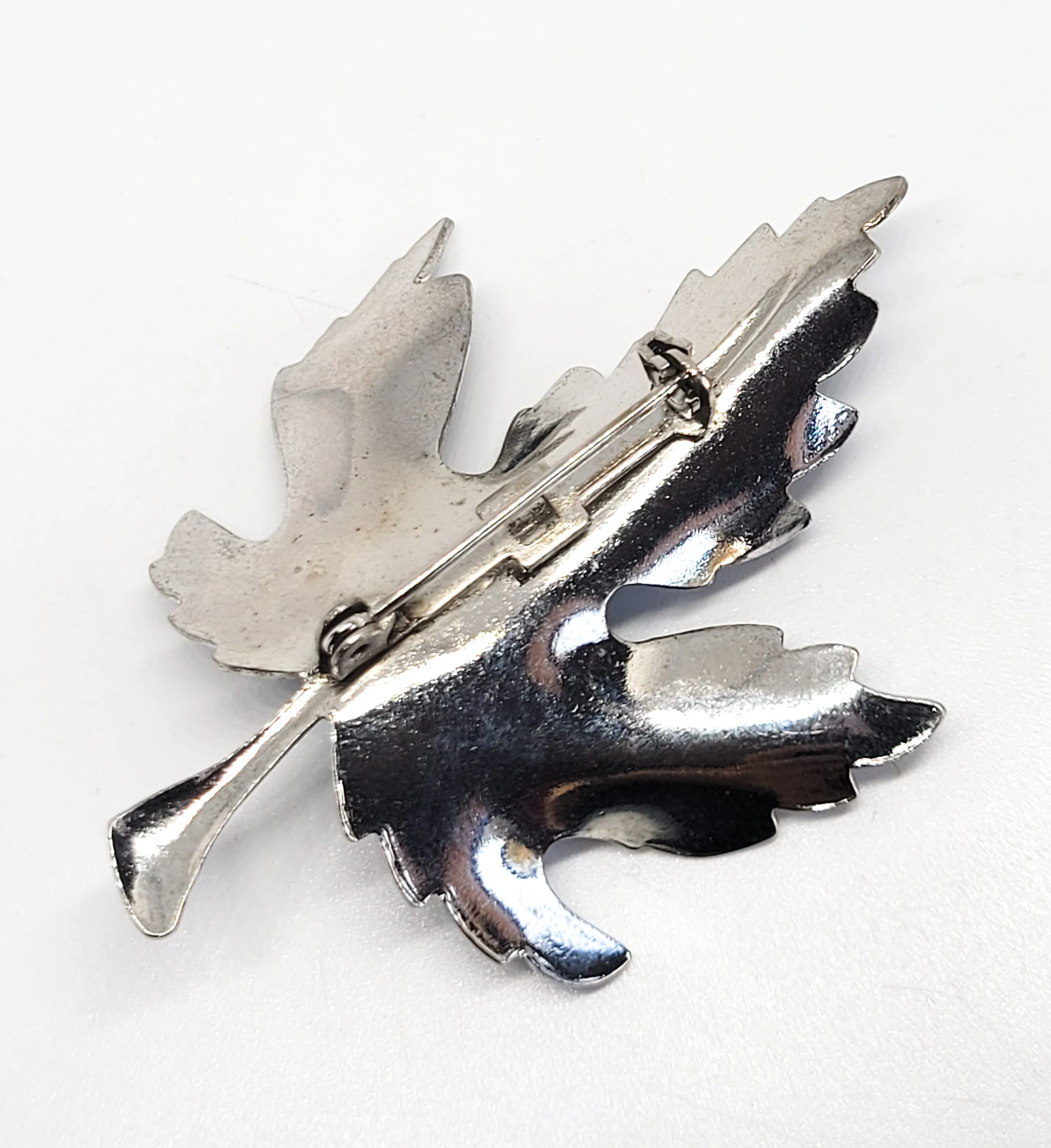 Ice Blue winter Maple leaf silver toned enamel vintage brooch pin