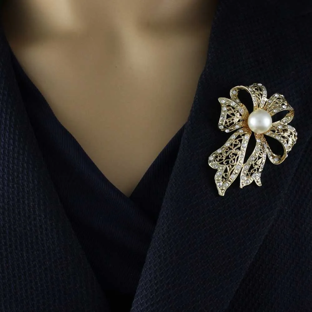 Large Gold Filigree Crystal Bow with White Pearl Pin - PRP261G