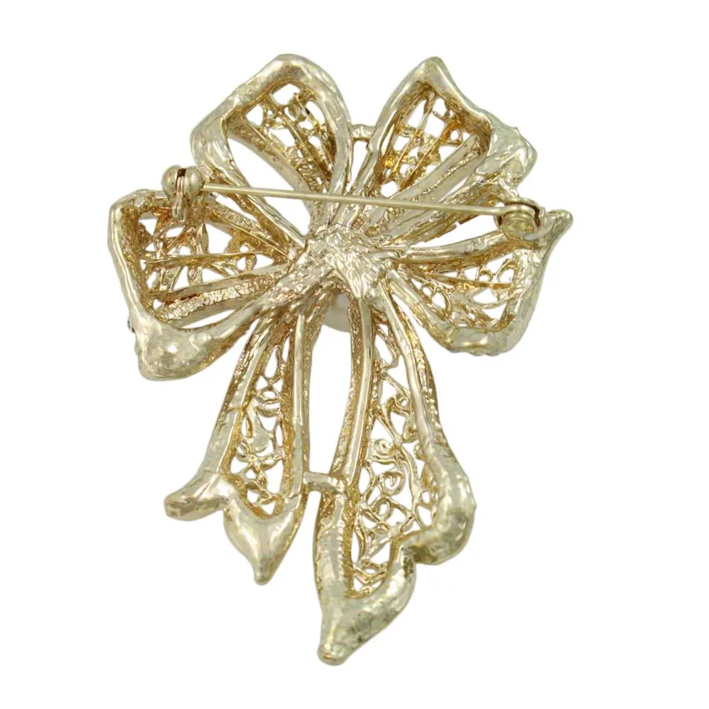 Large Gold Filigree Crystal Bow with White Pearl Pin - PRP261G