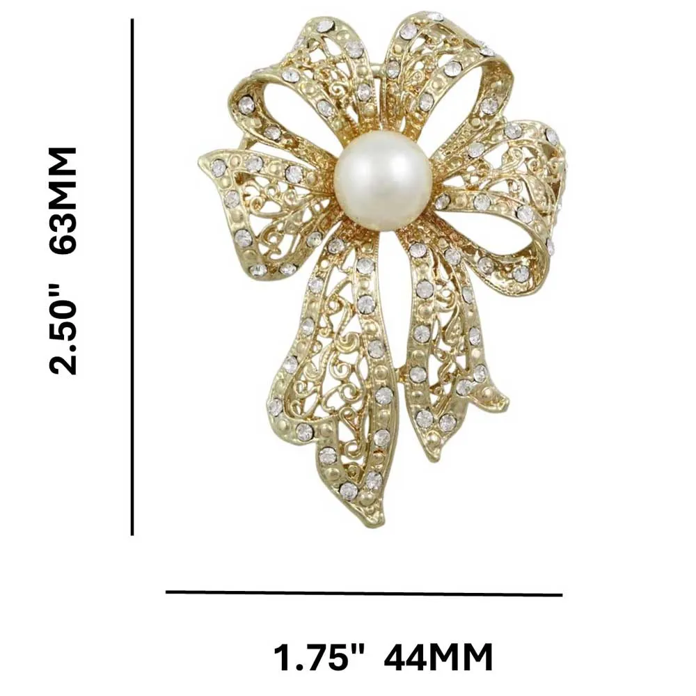 Large Gold Filigree Crystal Bow with White Pearl Pin - PRP261G