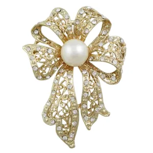 Large Gold Filigree Crystal Bow with White Pearl Pin - PRP261G