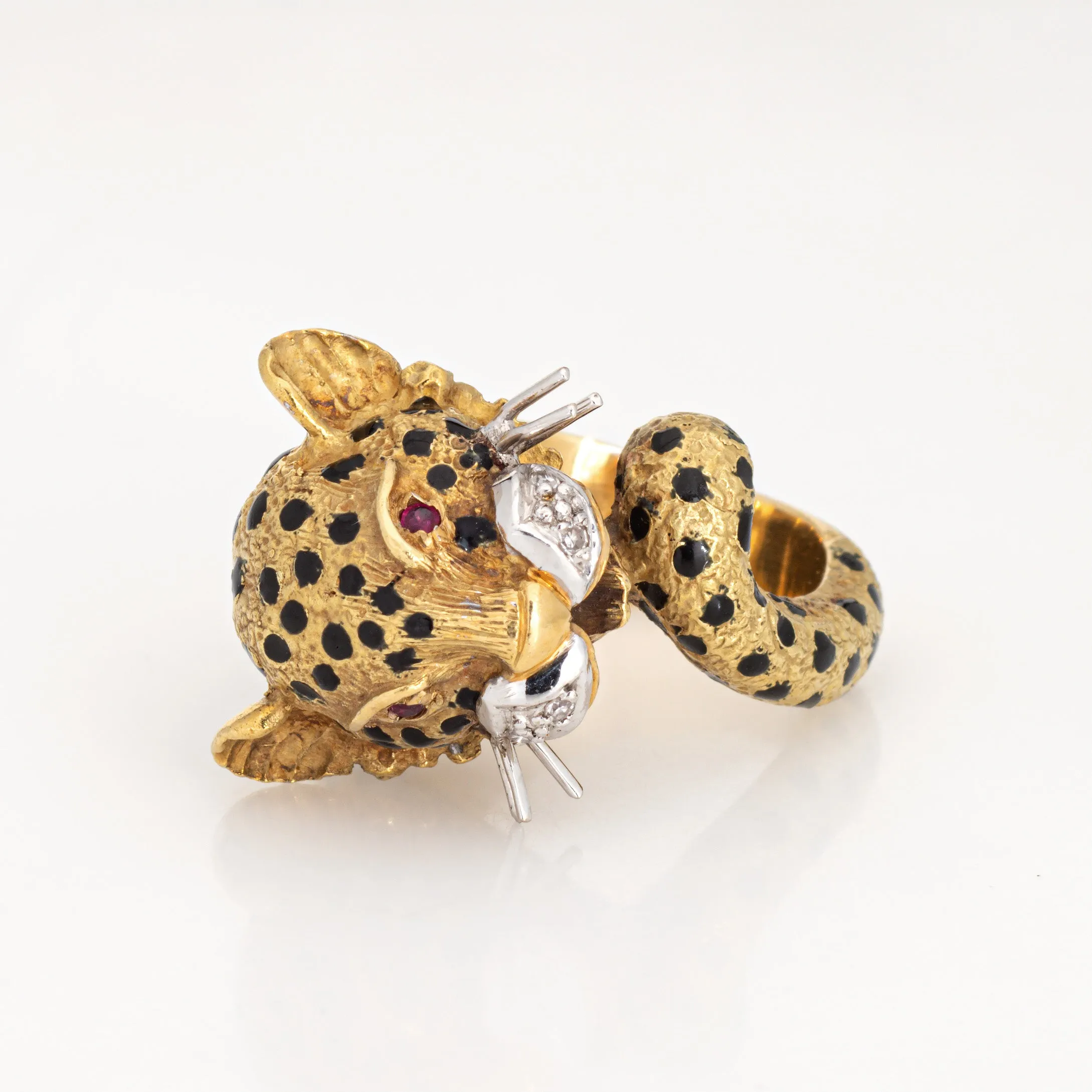 Leopard Ring Vintage 18k Yellow Gold Diamond Ruby Eyes Black Enamel Animal 5.75