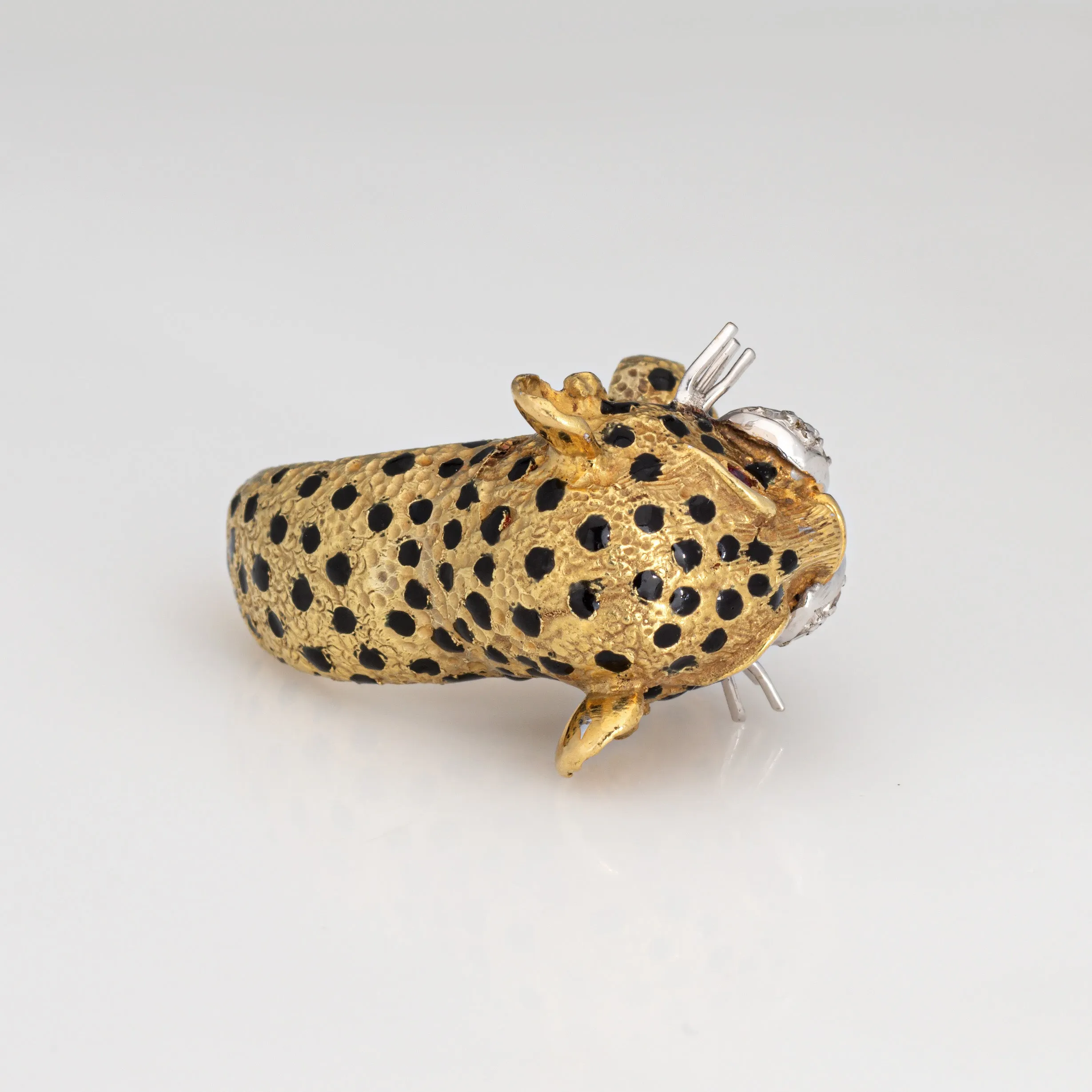Leopard Ring Vintage 18k Yellow Gold Diamond Ruby Eyes Black Enamel Animal 5.75