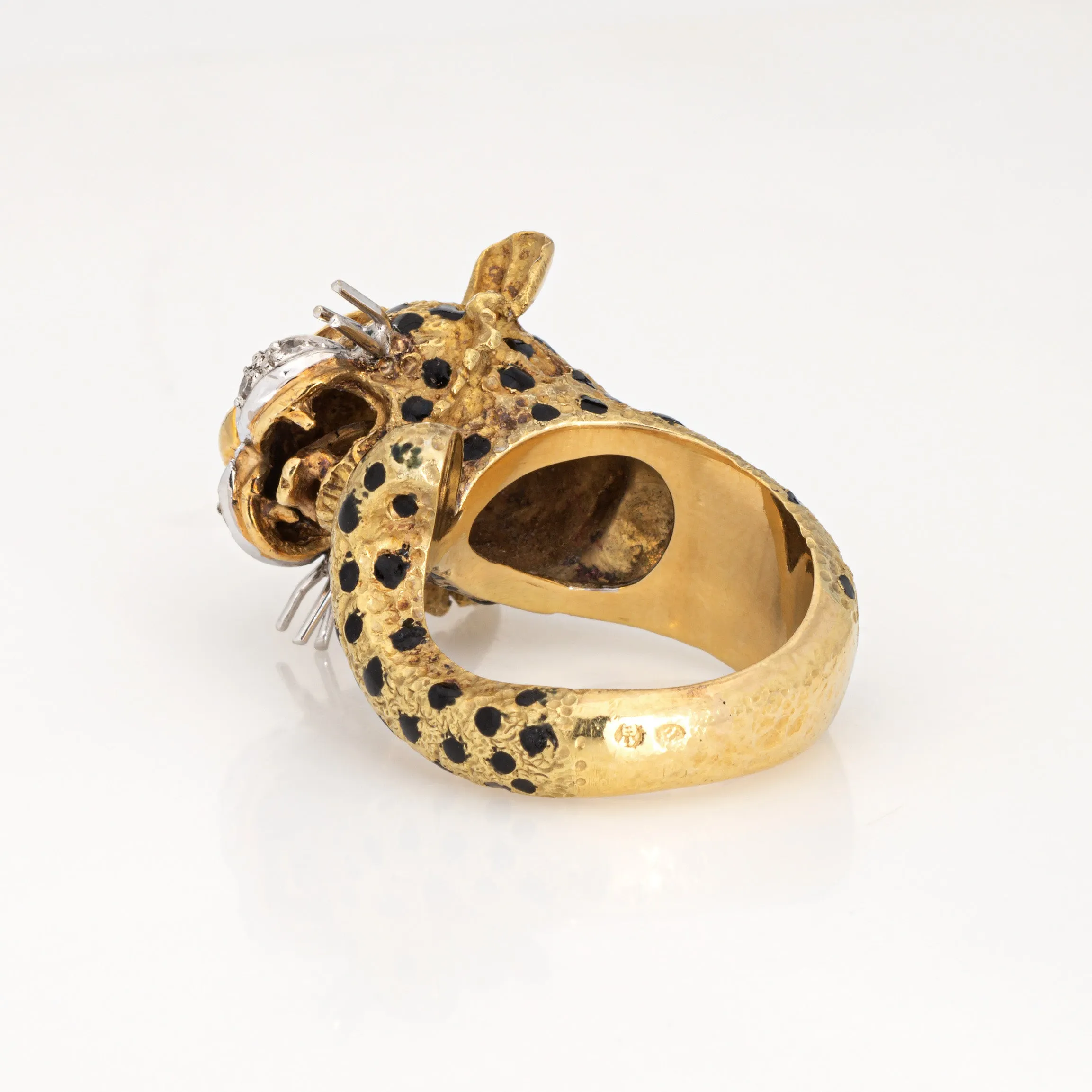Leopard Ring Vintage 18k Yellow Gold Diamond Ruby Eyes Black Enamel Animal 5.75