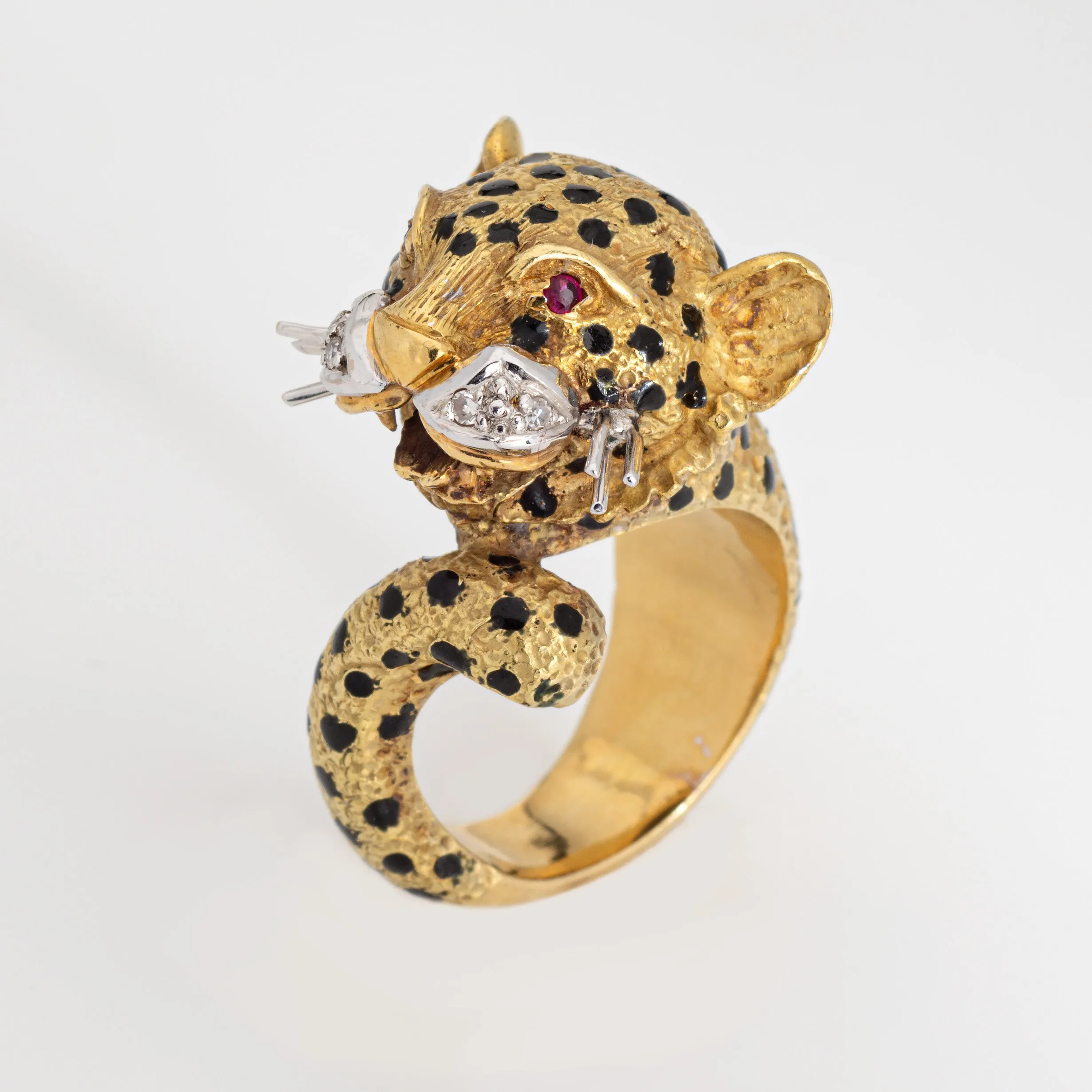 Leopard Ring Vintage 18k Yellow Gold Diamond Ruby Eyes Black Enamel Animal 5.75