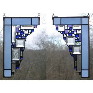 Light Blue Small Geometric Corner Pair Stained Glass Window Panels by Edel Byrne