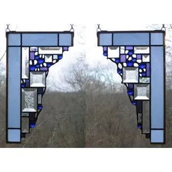 Light Blue Small Geometric Corner Pair Stained Glass Window Panels by Edel Byrne