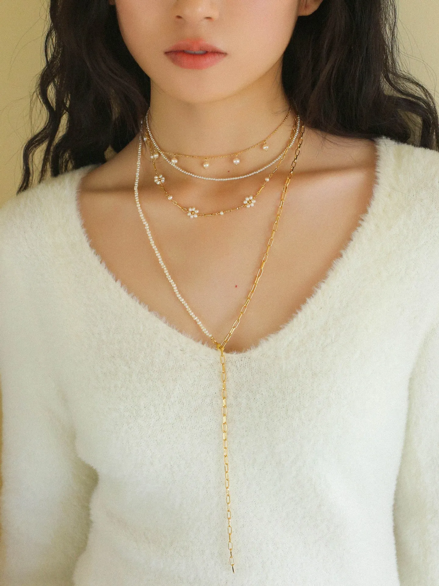 Long Chain Link Mini Freshwater Pearl Necklace Type D