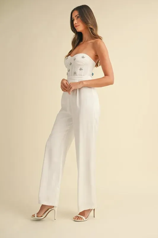 MABLE Rhinestone Applique Bustier Jumpsuit