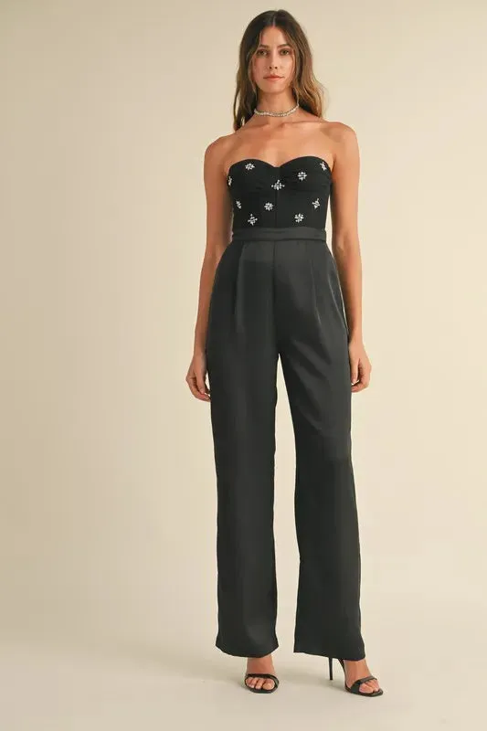 MABLE Rhinestone Applique Bustier Jumpsuit