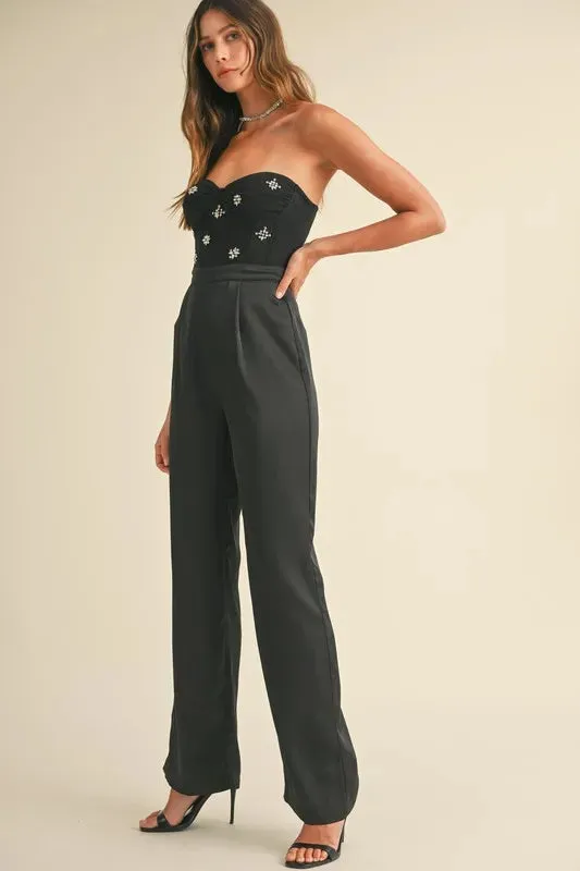 MABLE Rhinestone Applique Bustier Jumpsuit