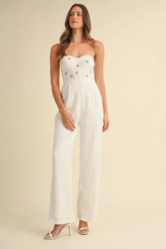 MABLE Rhinestone Applique Bustier Jumpsuit