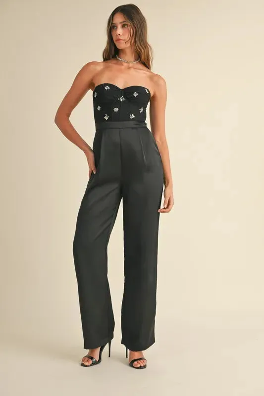 MABLE Rhinestone Applique Bustier Jumpsuit