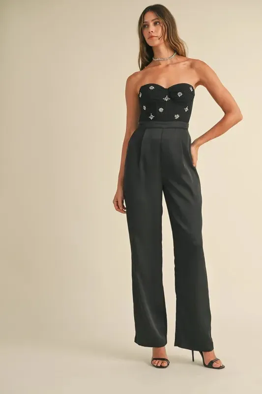 MABLE Rhinestone Applique Bustier Jumpsuit