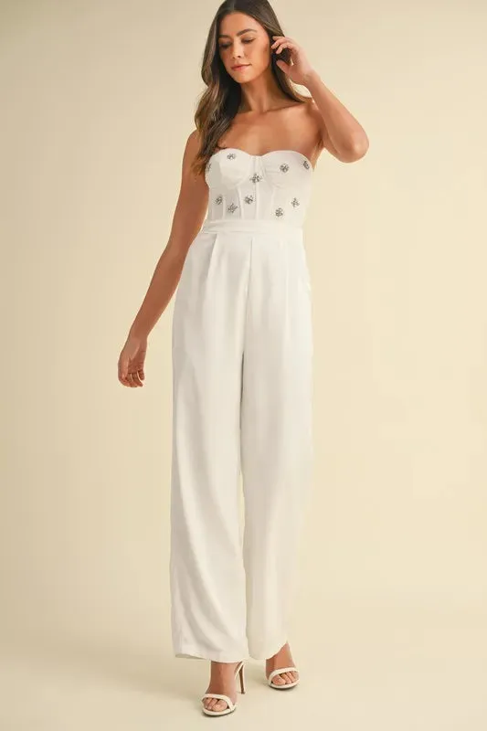 MABLE Rhinestone Applique Bustier Jumpsuit