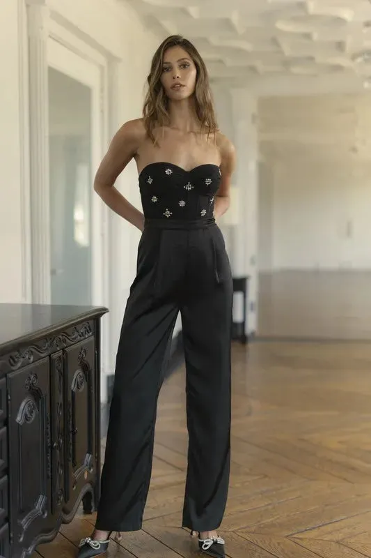 MABLE Rhinestone Applique Bustier Jumpsuit