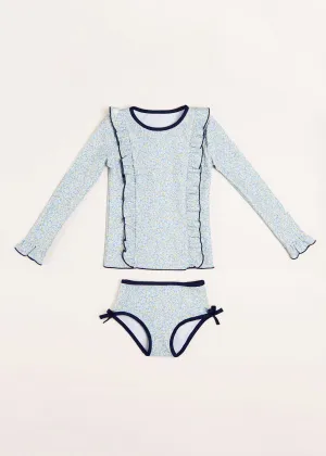 Matilda Floral Print Ruffle Trim Long Sleeve Swim Set in Blue (12mths-6yrs)