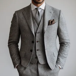Men's 3-Piece Grey Herringbone  Suit with Vest and Notch Lapel