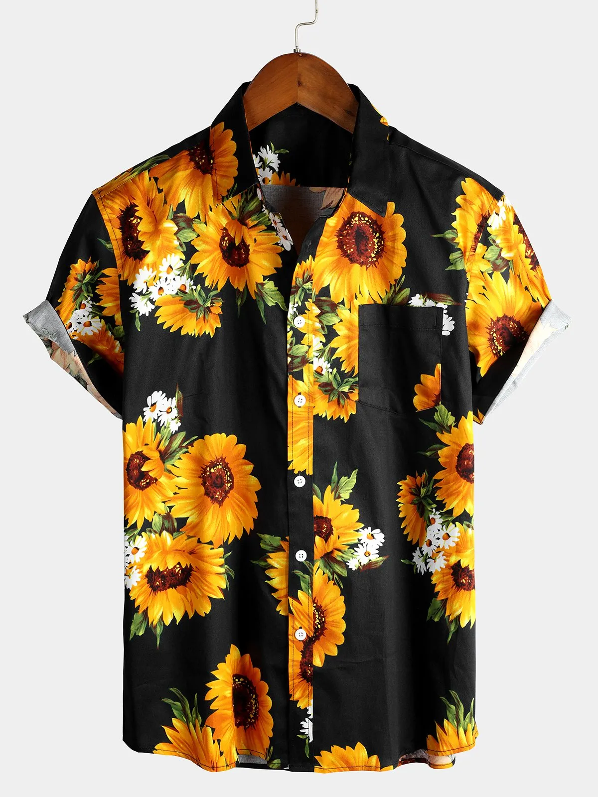 Men's Vintage Sunflower Pocket Short Sleeve Shirt