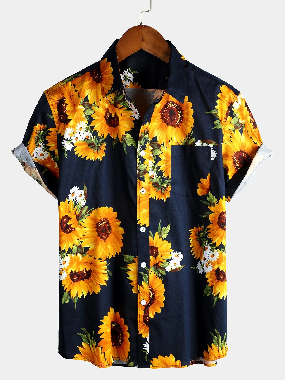 Men's Vintage Sunflower Pocket Short Sleeve Shirt