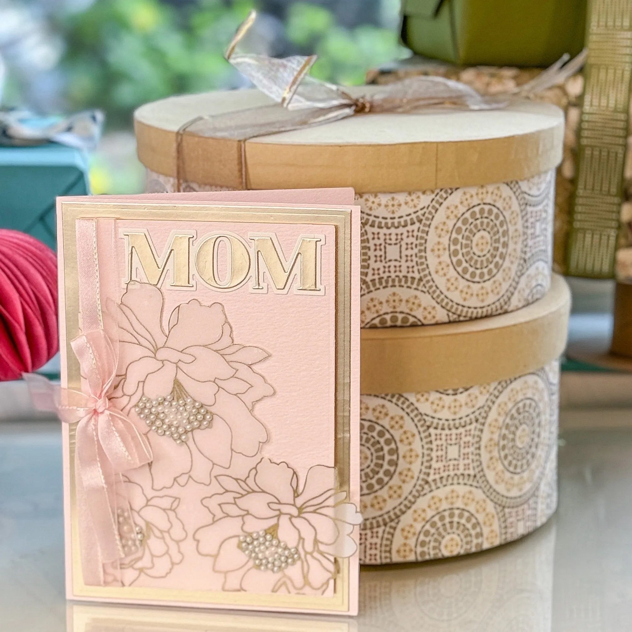 MOM - Pink & Gold embossed flowers Card
