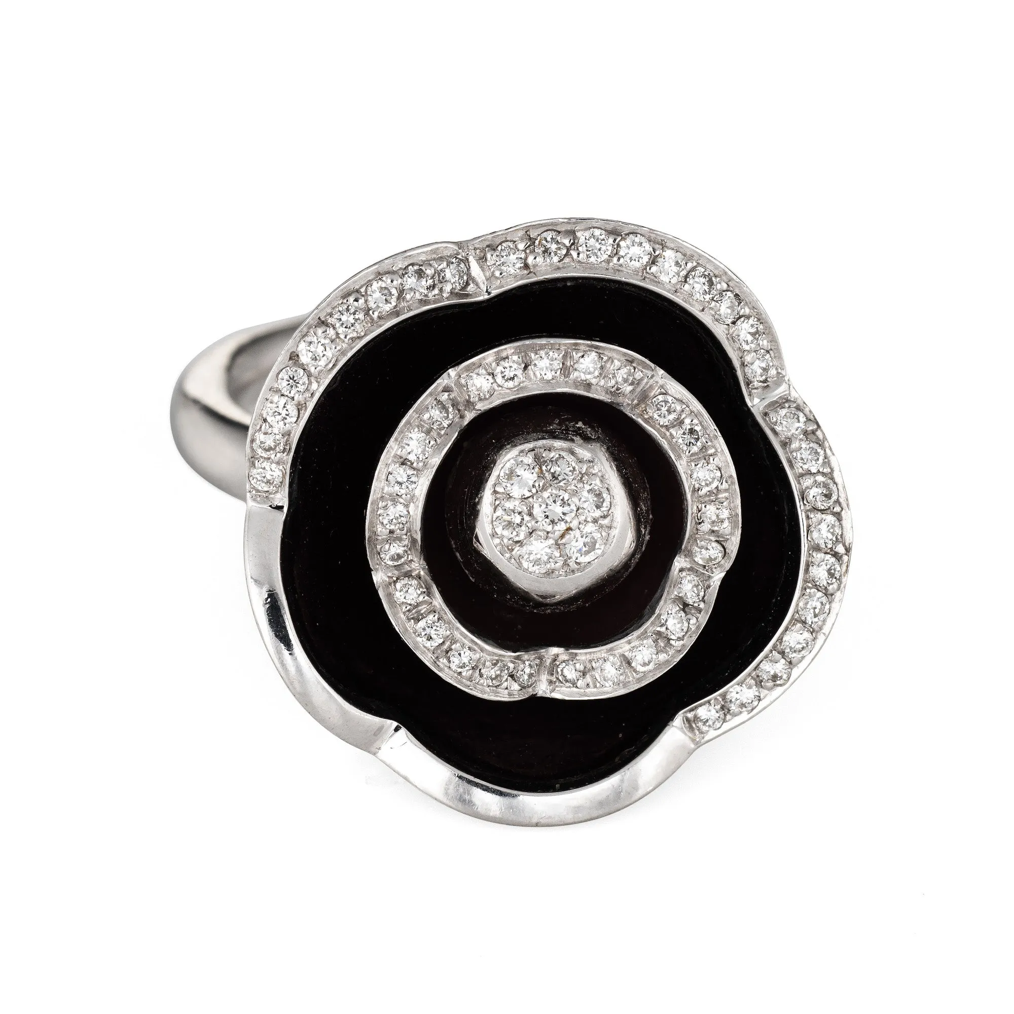 Movable Flower Diamond Ring Enamel Vintage Cocktail 18k White Gold Jewelry