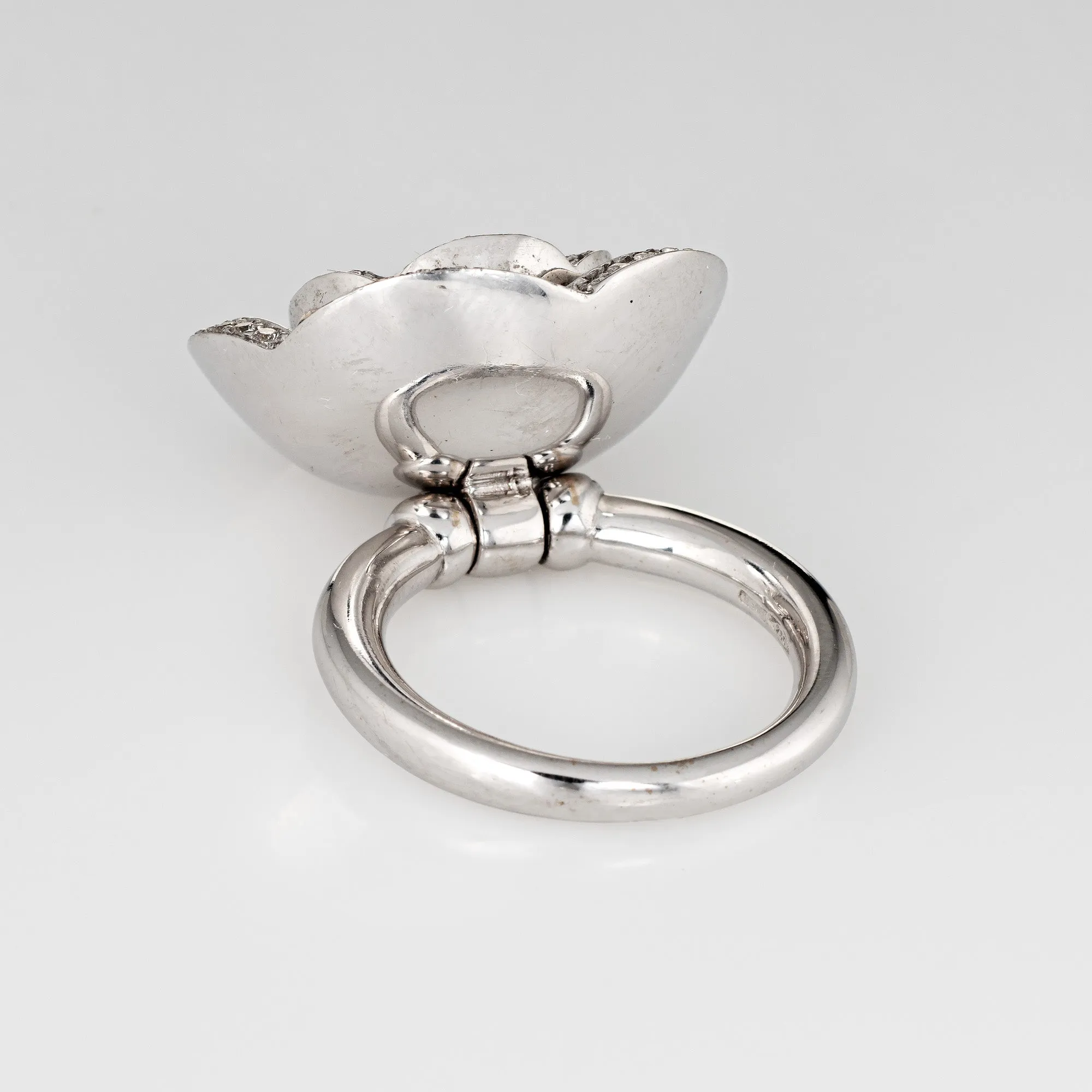 Movable Flower Diamond Ring Enamel Vintage Cocktail 18k White Gold Jewelry