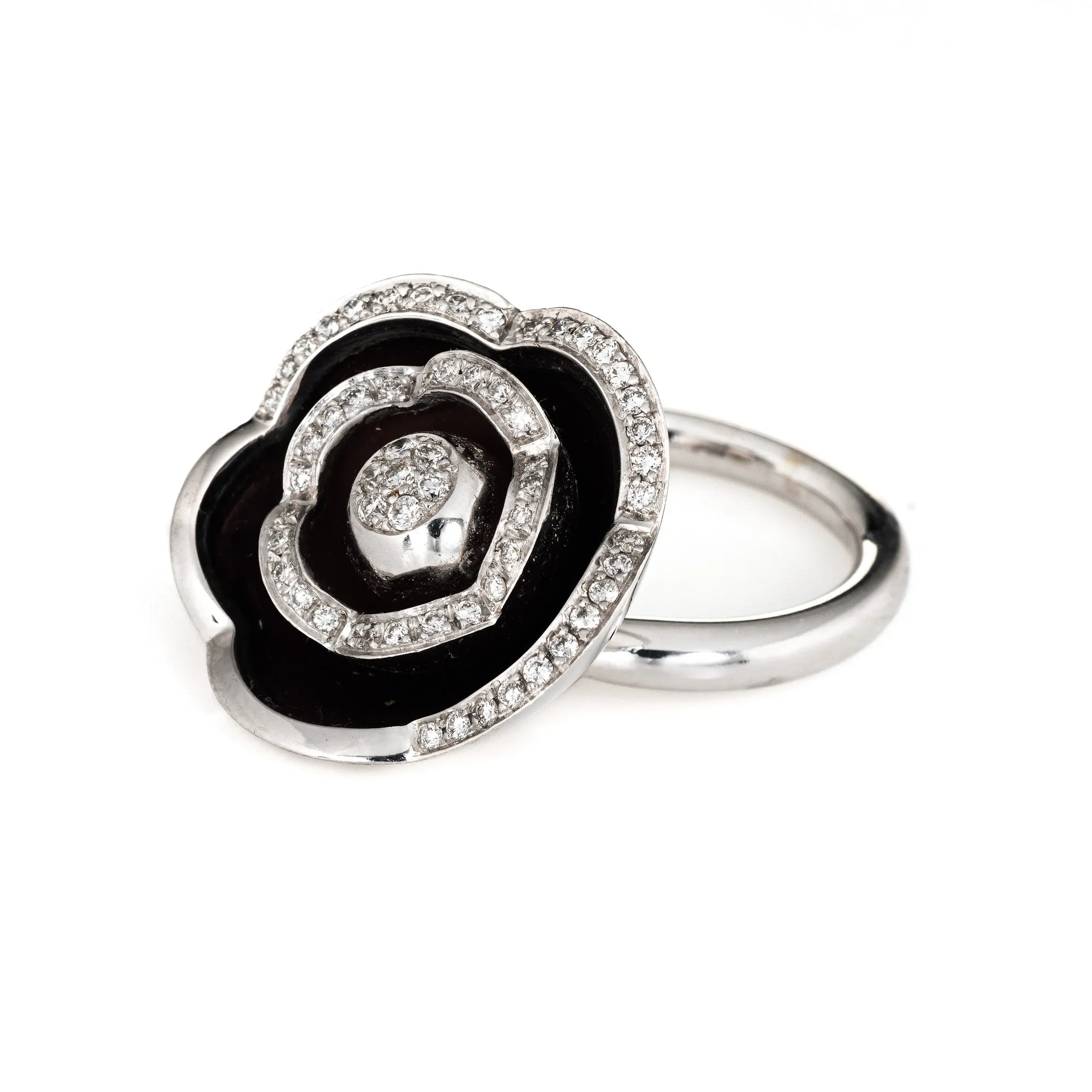 Movable Flower Diamond Ring Enamel Vintage Cocktail 18k White Gold Jewelry