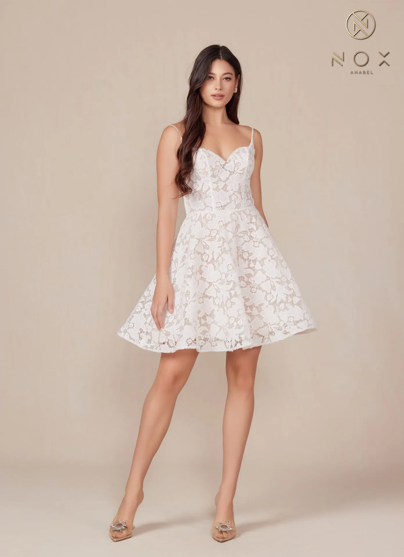 N E917W - Short White All Lace A-Line Homecoming Dress with Sweetheart Neck